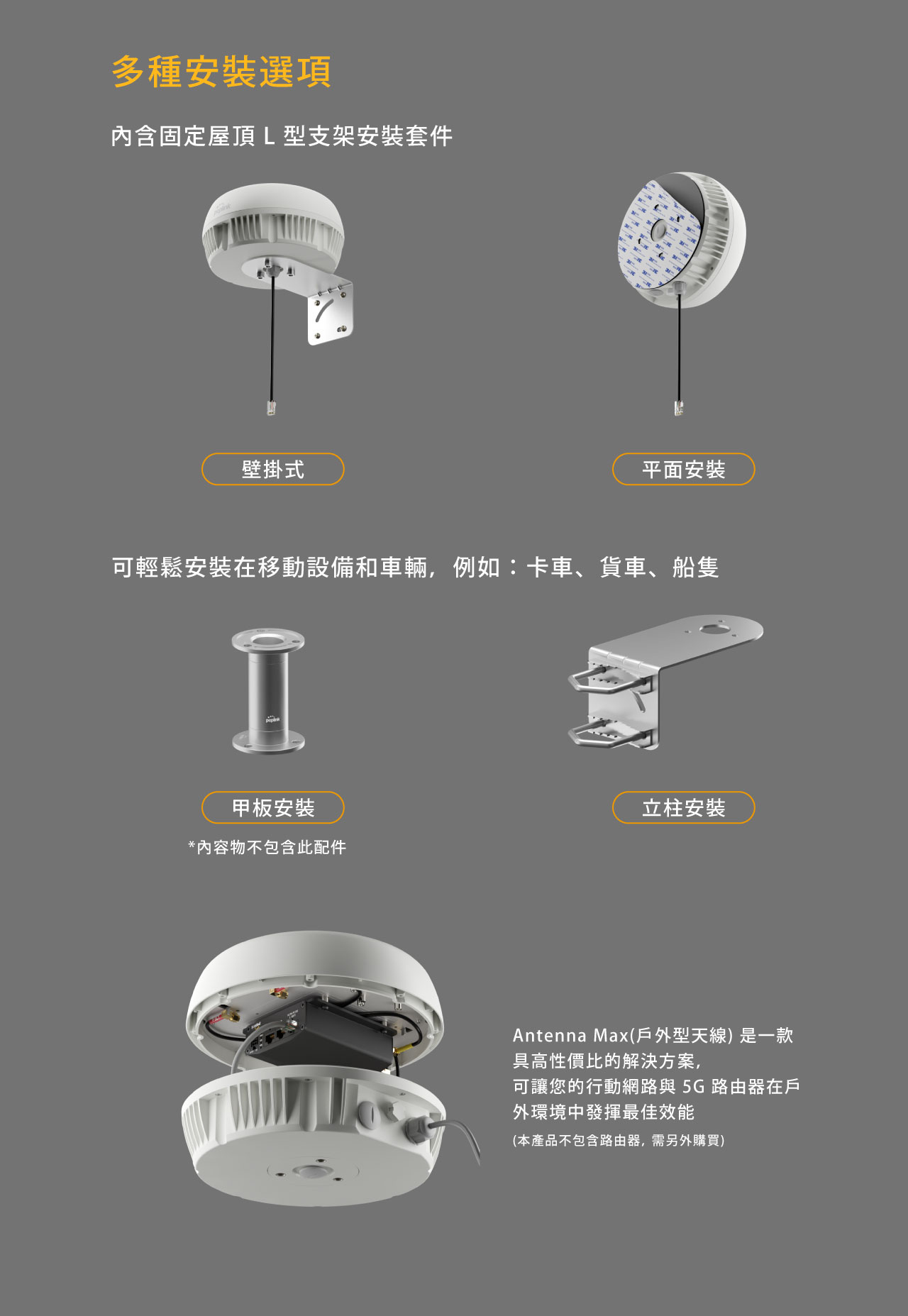 Peplink Antenna MAX-多種安裝選項(壁掛、平面、船舶、立柱)