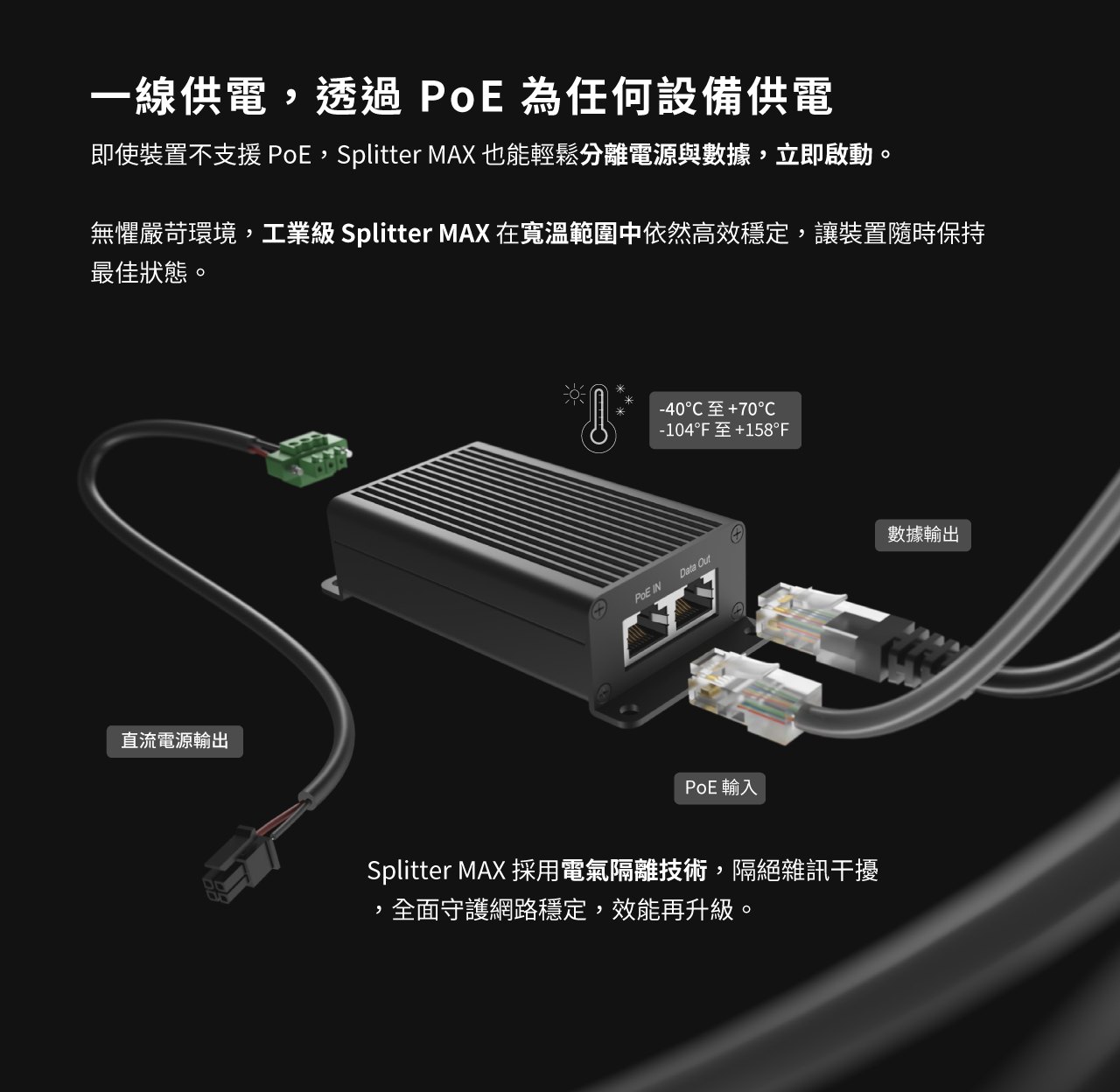 Peplink Splitter MAX-透過PoE為任何設備供電，無懼嚴苛環境，工業級 Splitter MAX 在寬溫範圍中依然高效穩定，讓裝置隨時保持 最佳狀態。