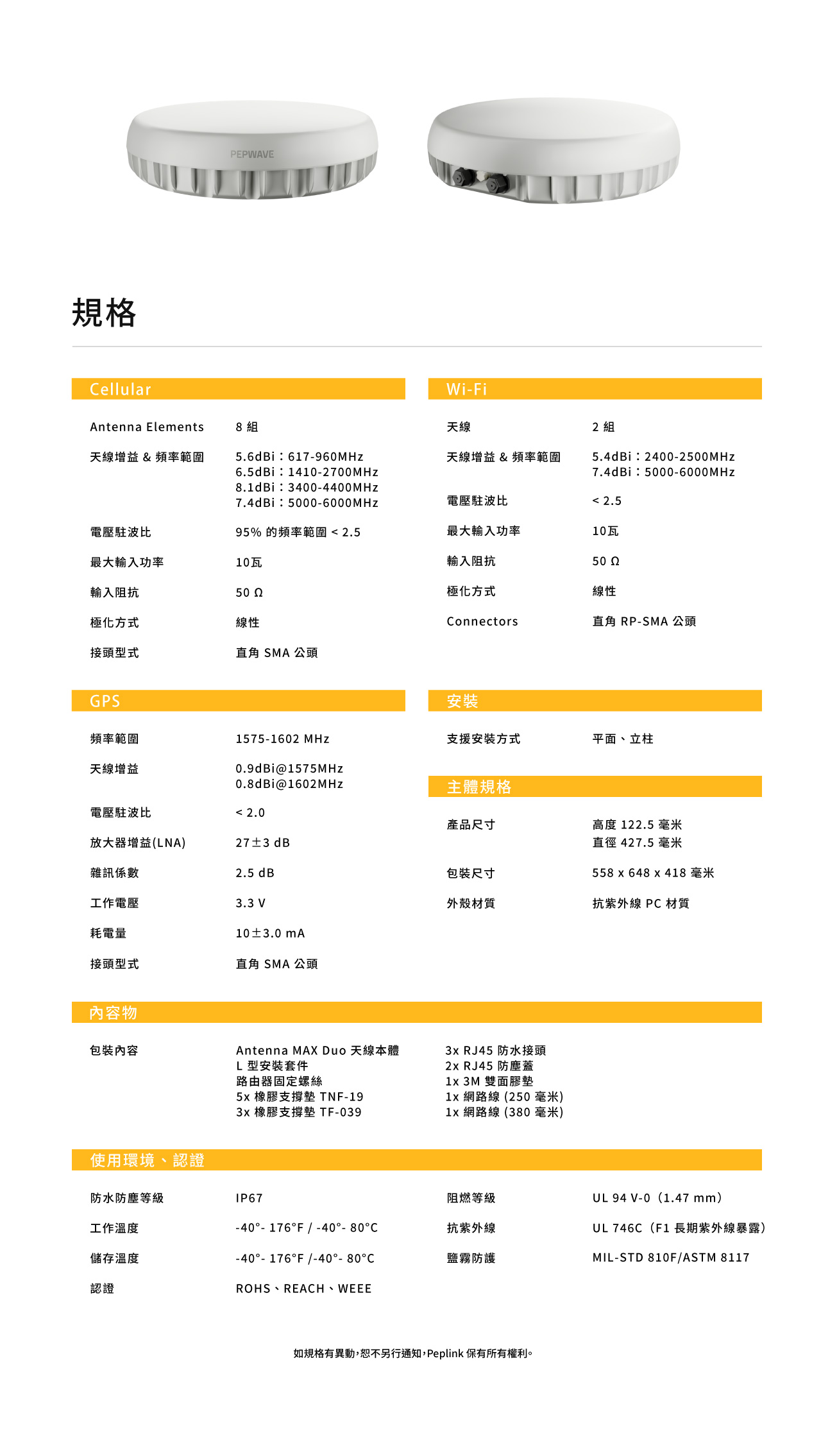 Peplink Antenna Max Duo 規格