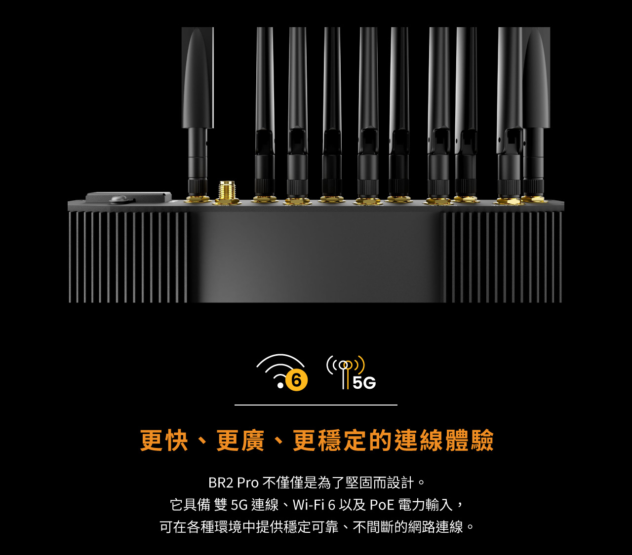  Peplink MAX BR2 Pro，更快、更廣、更穩定的連線體驗，BR2 Pro 不僅僅是為了堅固而設計。它具備 雙 5G 連線、Wi-Fi 6 以及 PoE 電力輸入，可在各種環境中提供穩定可靠、不間斷的網路連線。