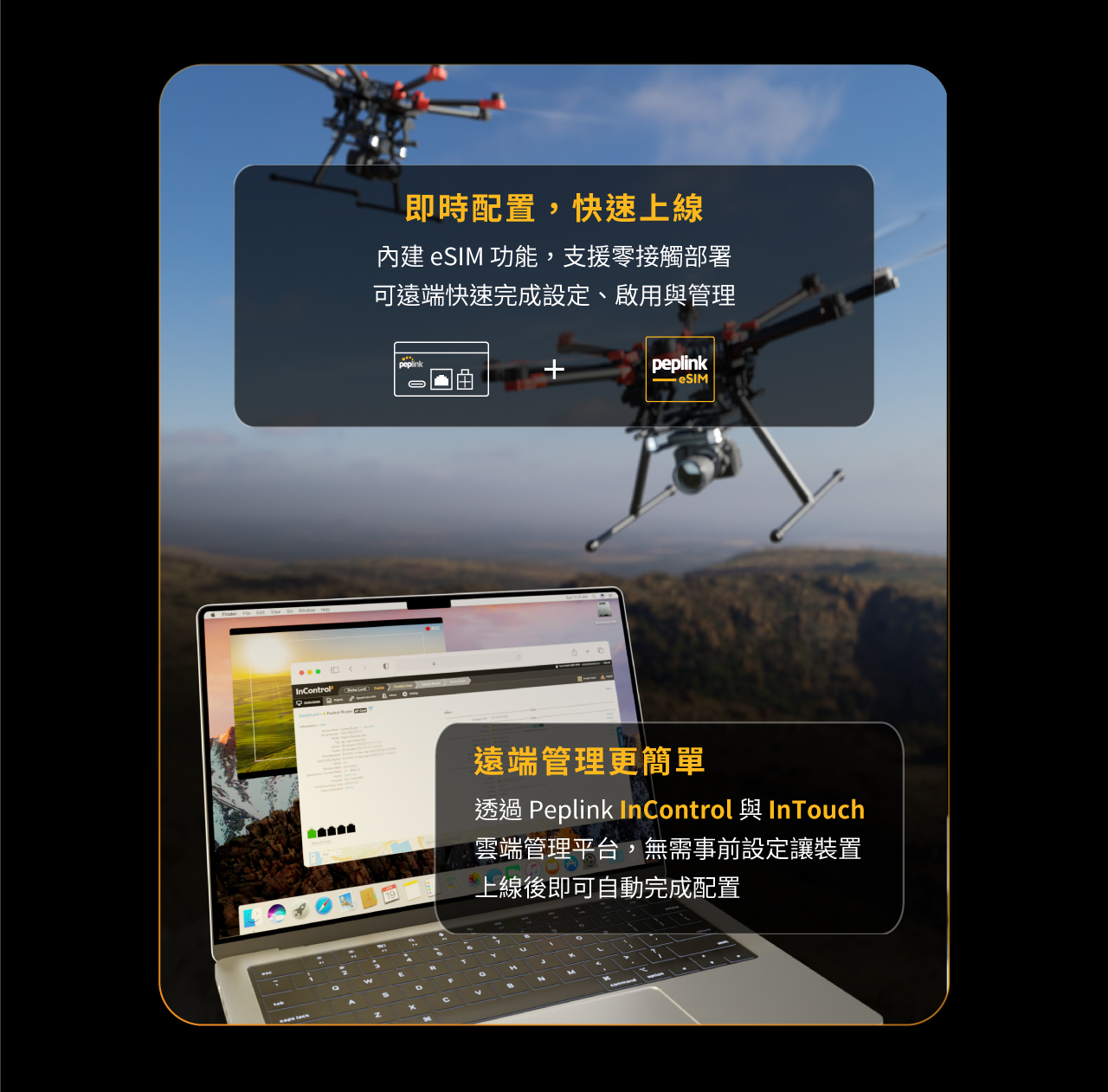 Peplink BR2 Micro 路由器，即時配置，快速上線，內建 eSIM 功能，支援零接觸部署，可遠端快速完成設定、啟用與管理，遠端管理更簡單，透過 Peplink InControl 與 InTouch 雲端管理平台，無需事前設定，讓裝置上線後即可自動完成配置。