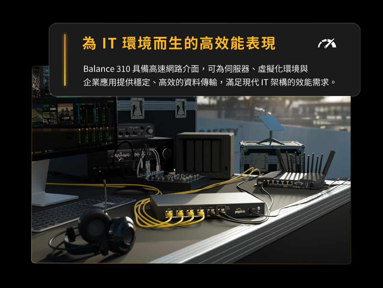 Peplink Balance 310 路由器-為 IT 環境而生的高效能表現，Balance 310 具備高速網路介面，可為伺服器、虛擬化環境與企業應用提供穩定、高效的資料傳輸，滿足現代 IT 架構的效能需求。