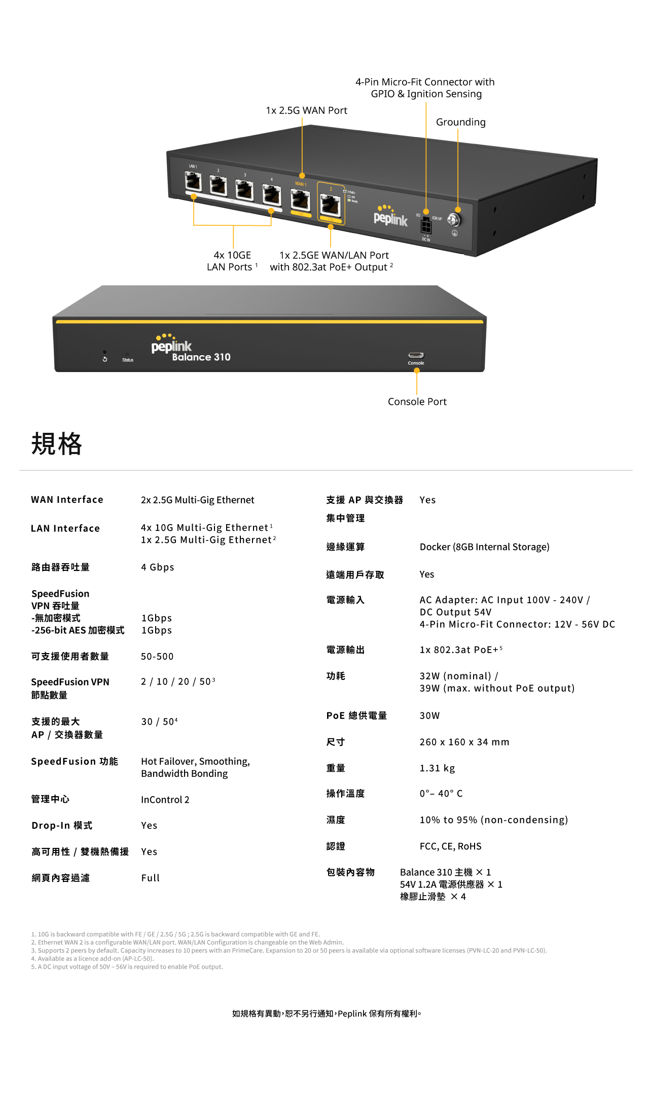 Peplink Balance 310 路由器-規格